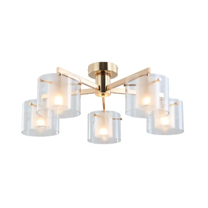 Gold Dual Gleses 5-Lights Flush Mount Peiling Lamp